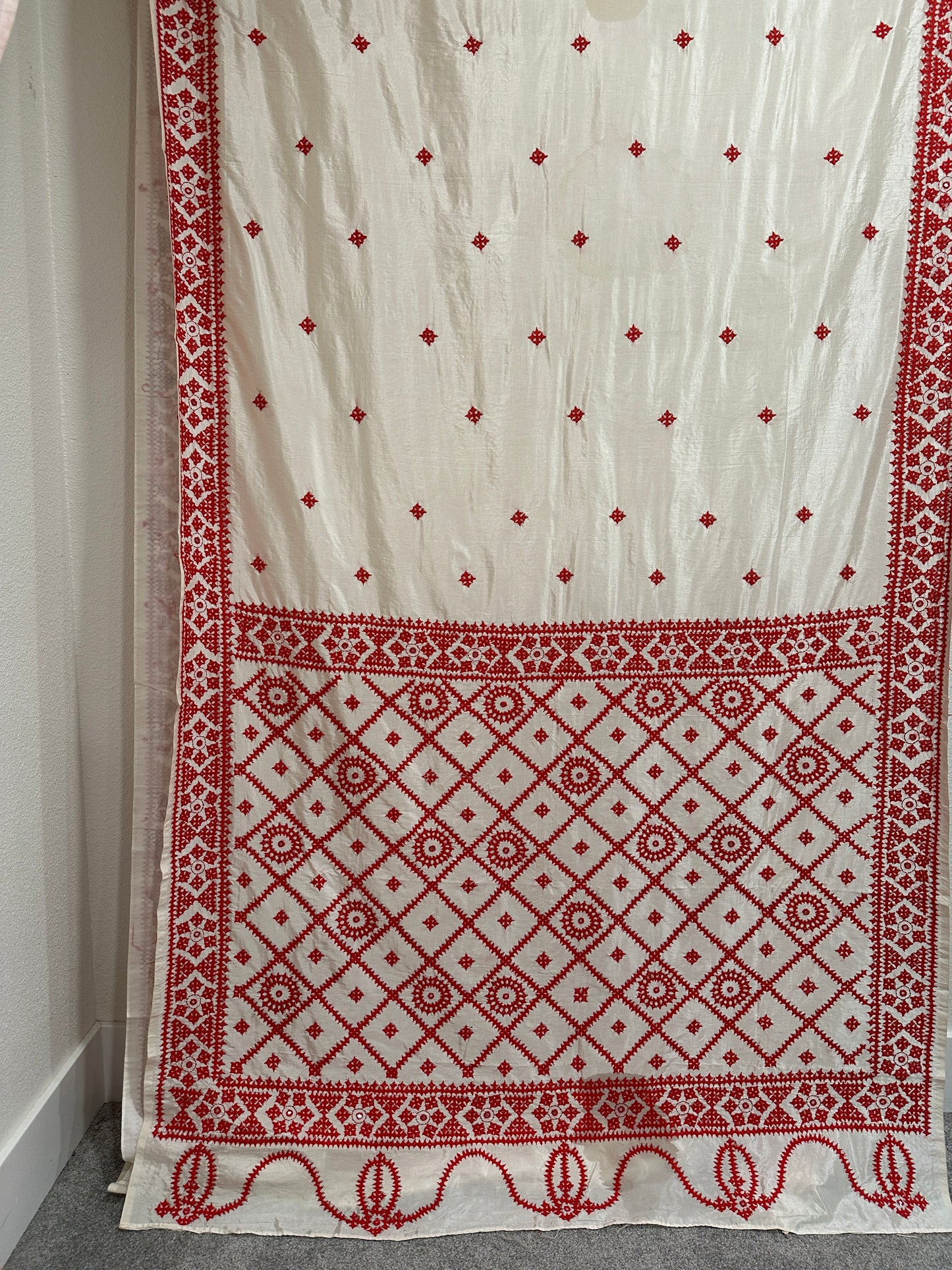 Gujrati Stitch on Offwhite Khadi Silk with Red Thread Embroidery
