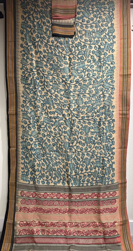 Kalamkari on Vidharbha Tussar with Ganga Jamuna Border - Florals Only