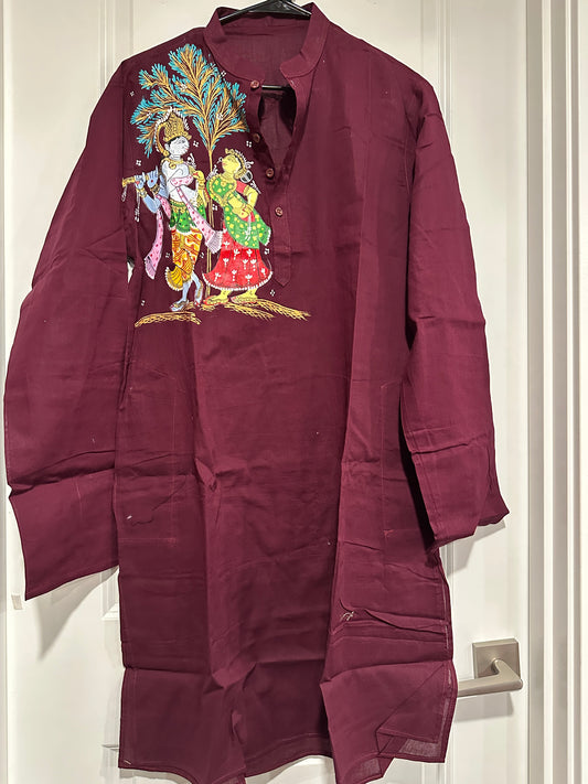Men's Kurta - Pattachitra - Maroon with Radha Krishna