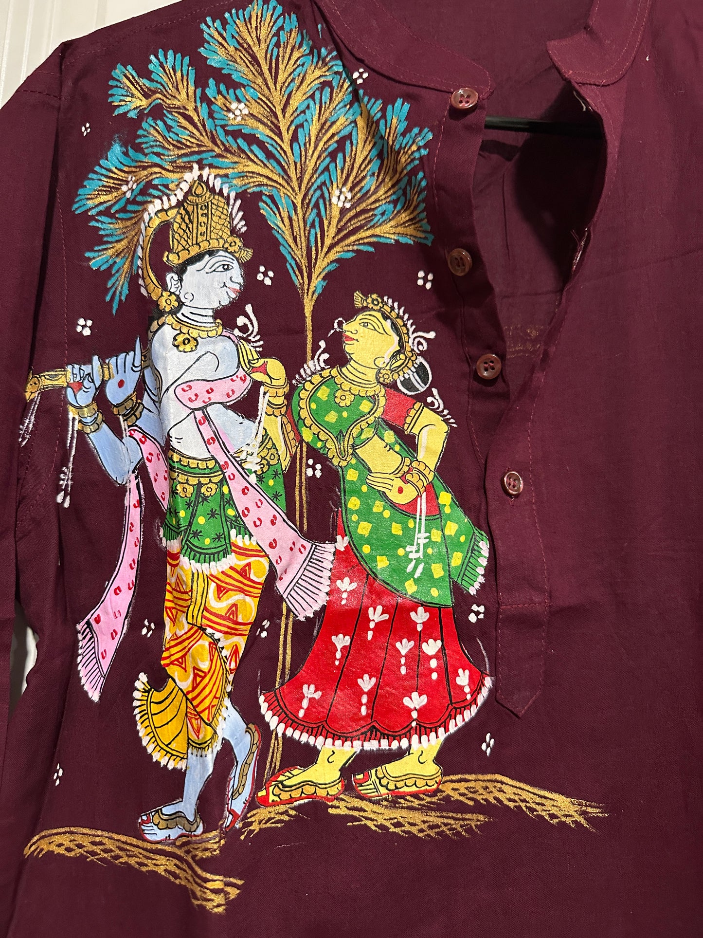 Men's Kurta - Pattachitra - Maroon with Radha Krishna