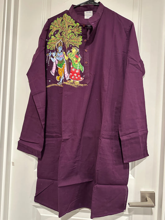 Men's Kurta - Pattachitra - WineMaroon with Radha Krishna