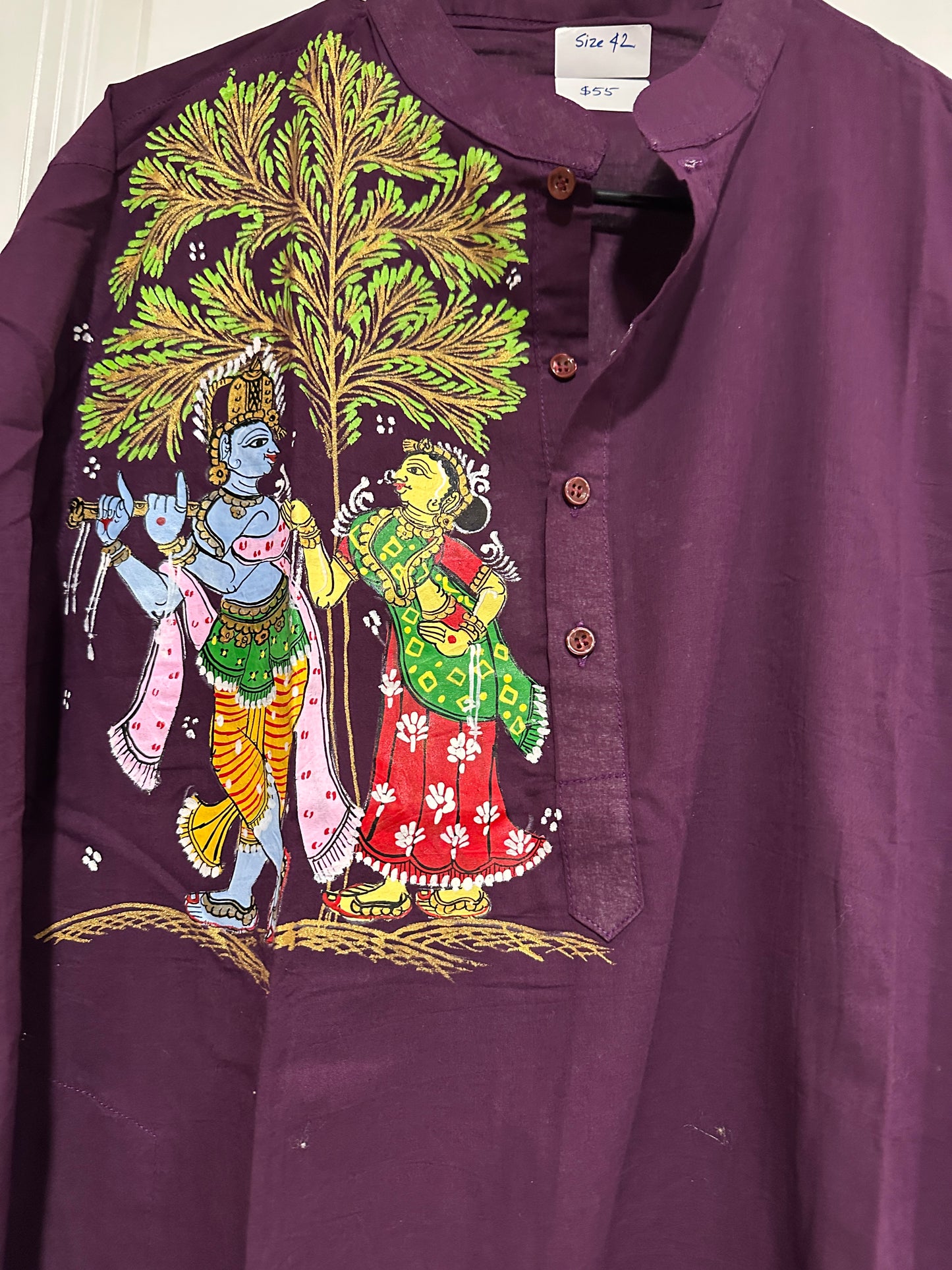 Men's Kurta - Pattachitra - WineMaroon with Radha Krishna