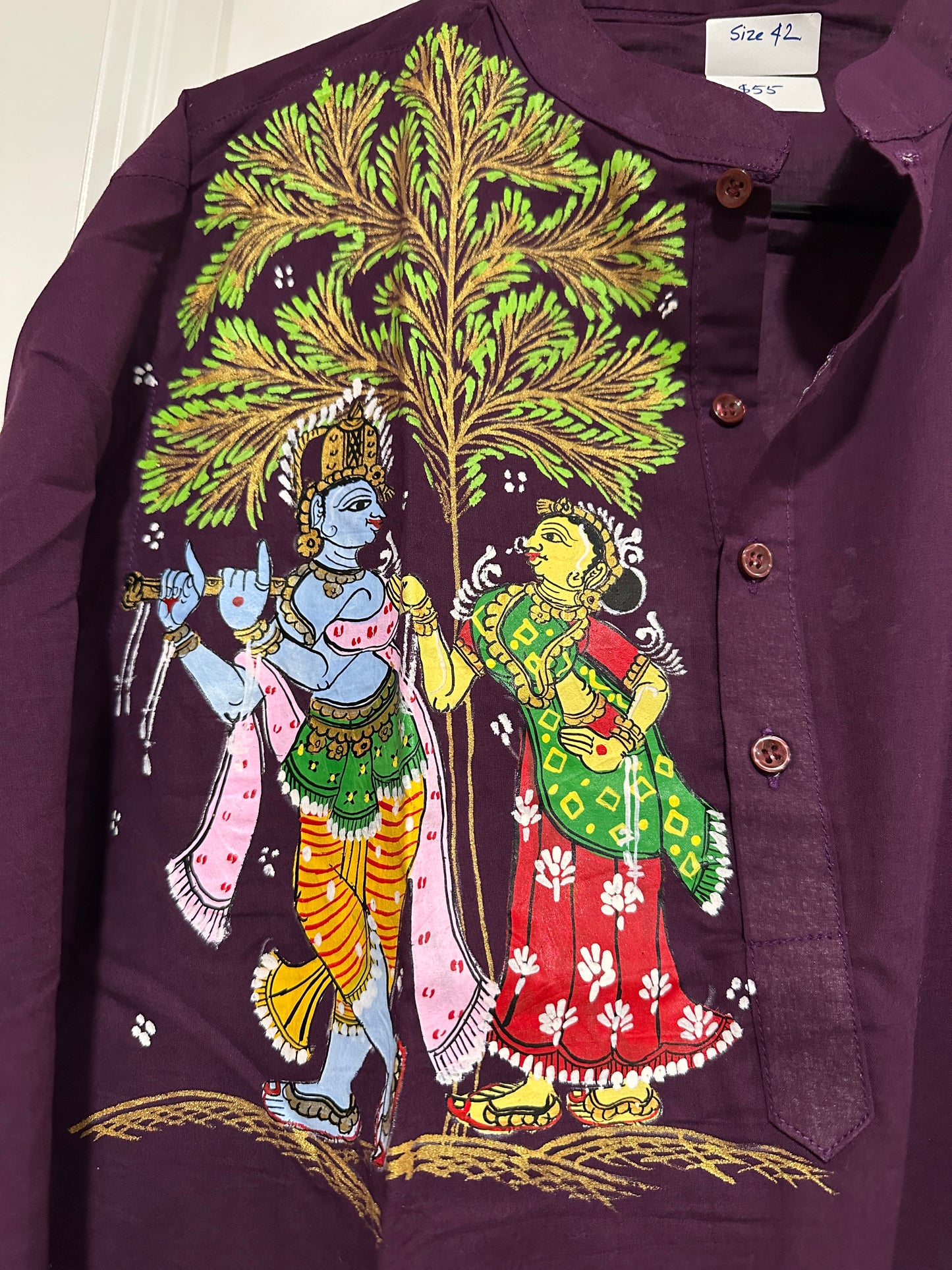 Men's Kurta - Pattachitra - WineMaroon with Radha Krishna