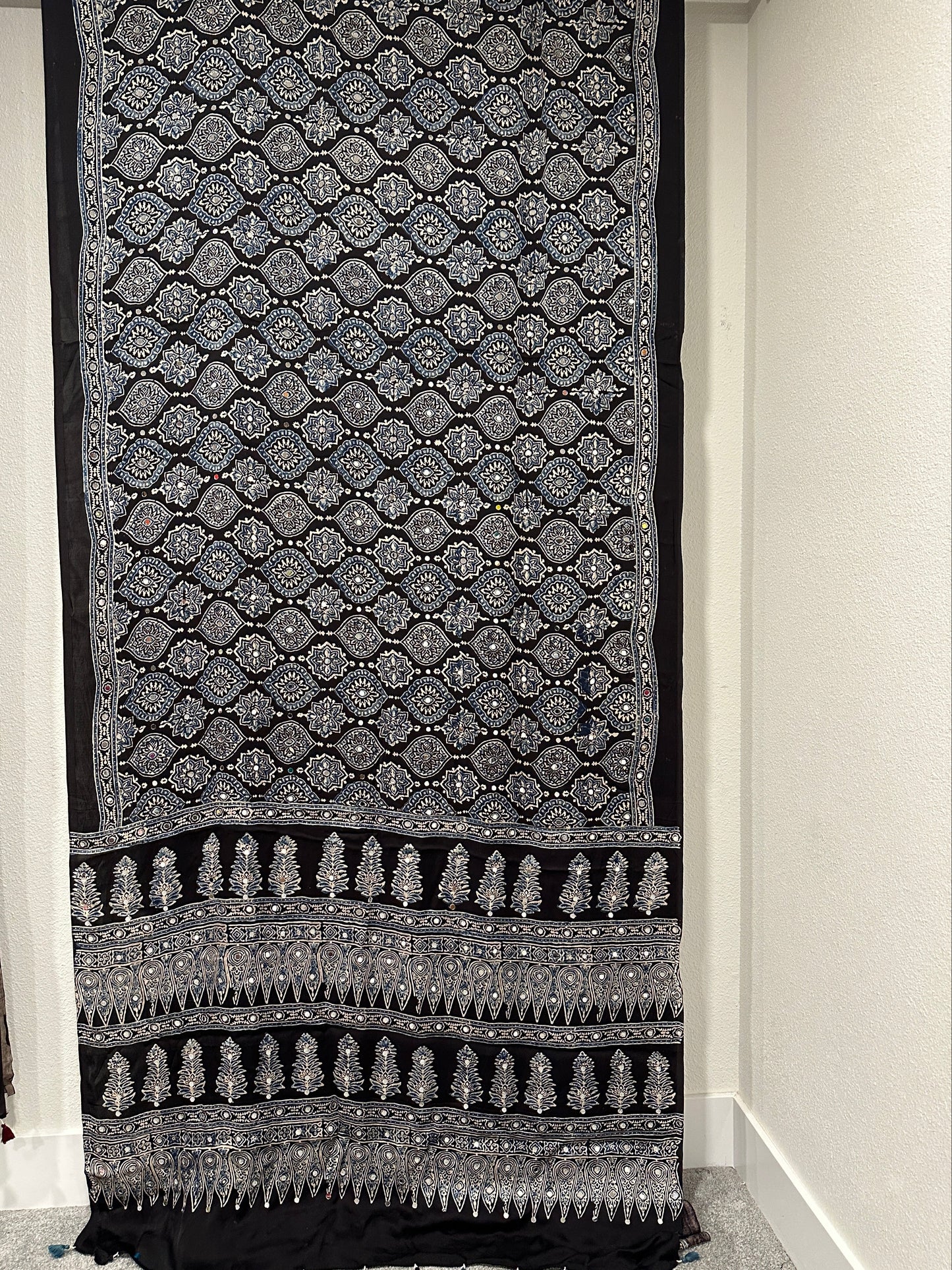 Modal Silk With Ajrak print and Real Mirror - Black