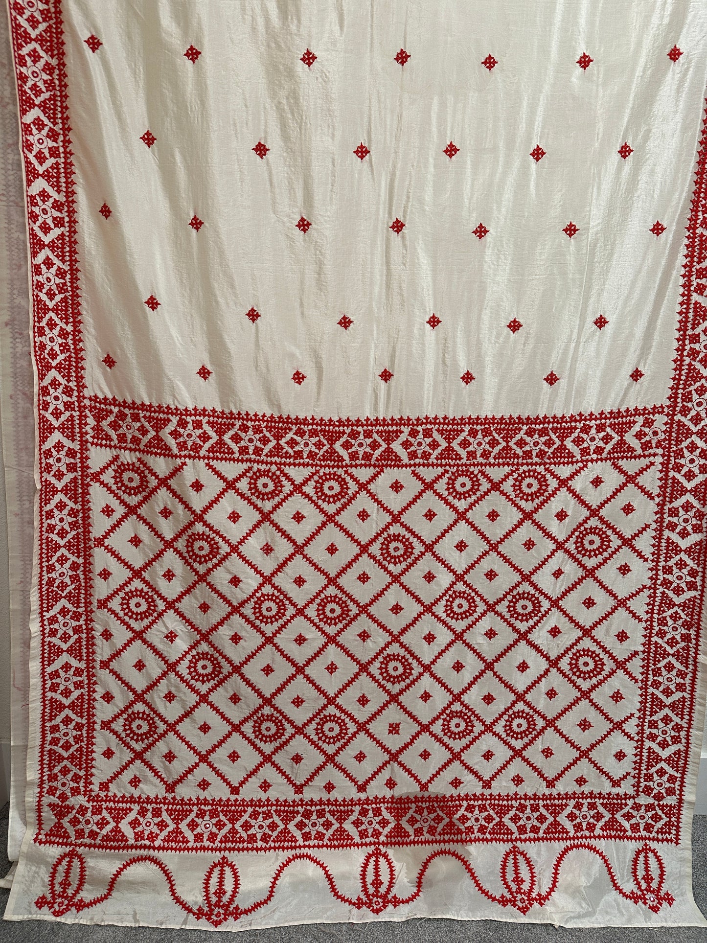 Gujrati Stitch on Offwhite Khadi Silk with Red Thread Embroidery