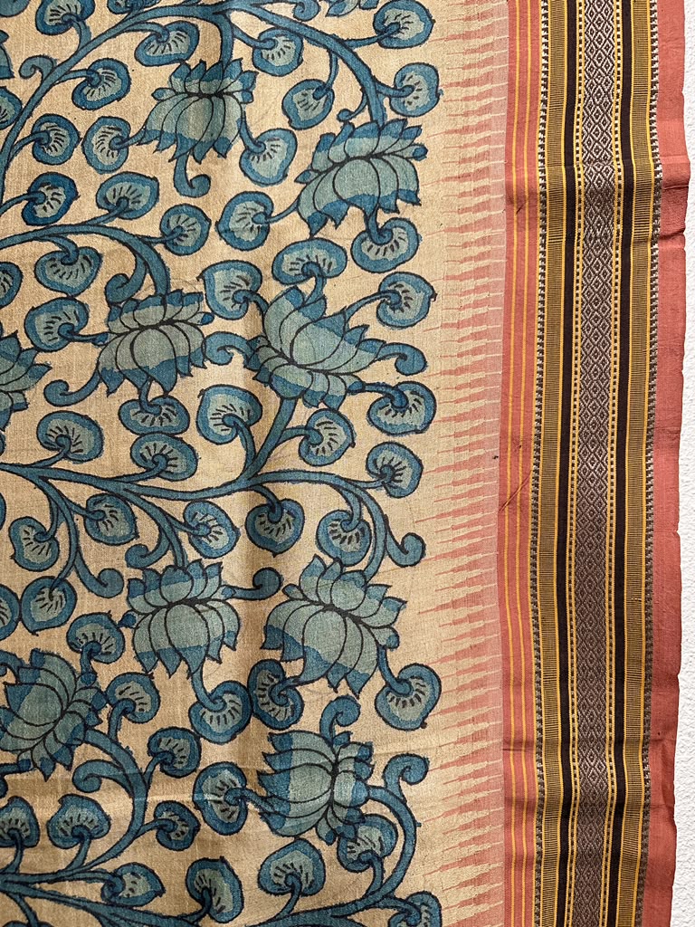 Kalamkari on Vidharbha Tussar with Ganga Jamuna Border - Florals Only