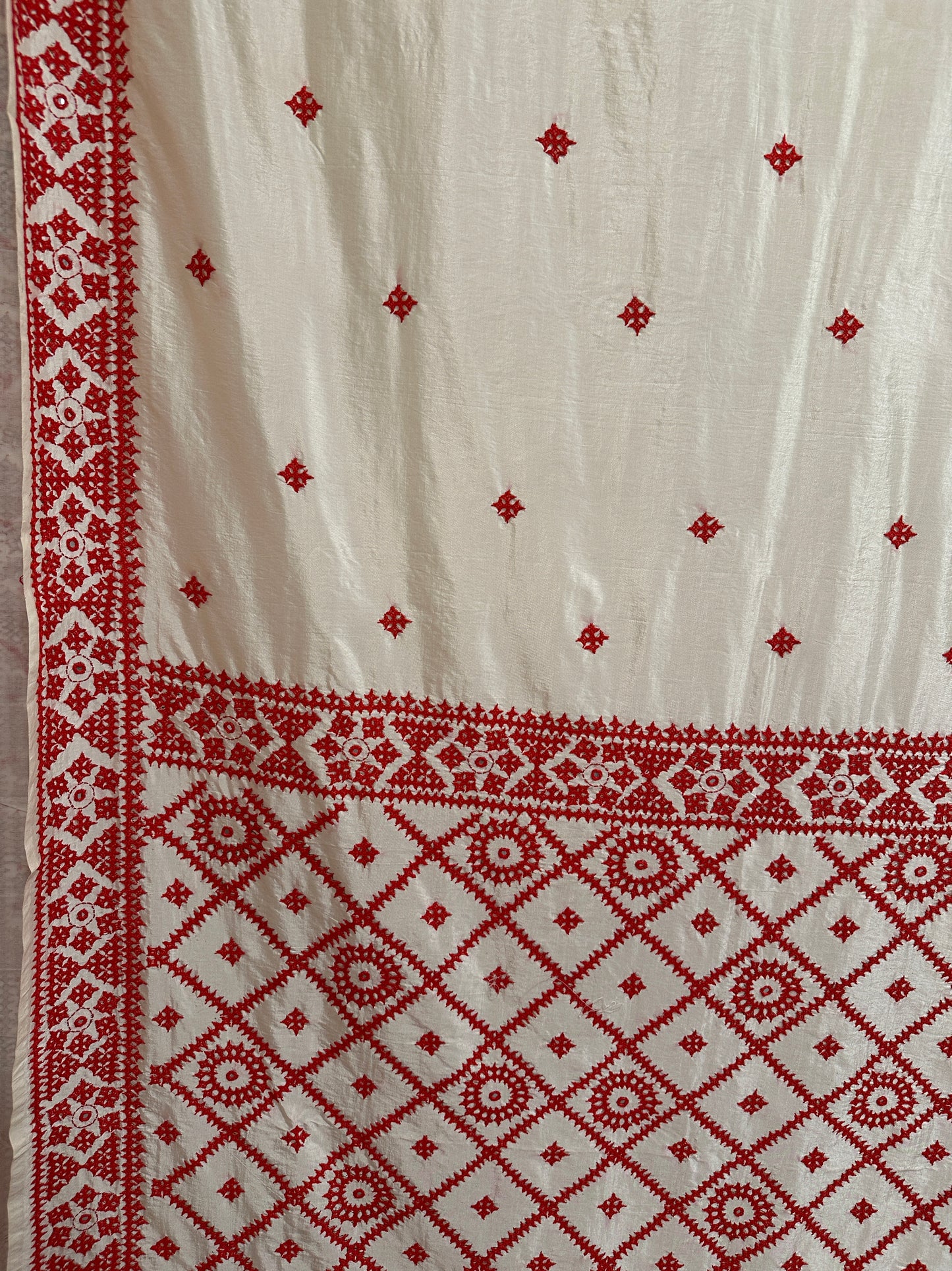 Gujrati Stitch on Offwhite Khadi Silk with Red Thread Embroidery