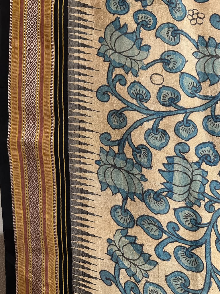 Kalamkari on Vidharbha Tussar with Ganga Jamuna Border - Florals Only
