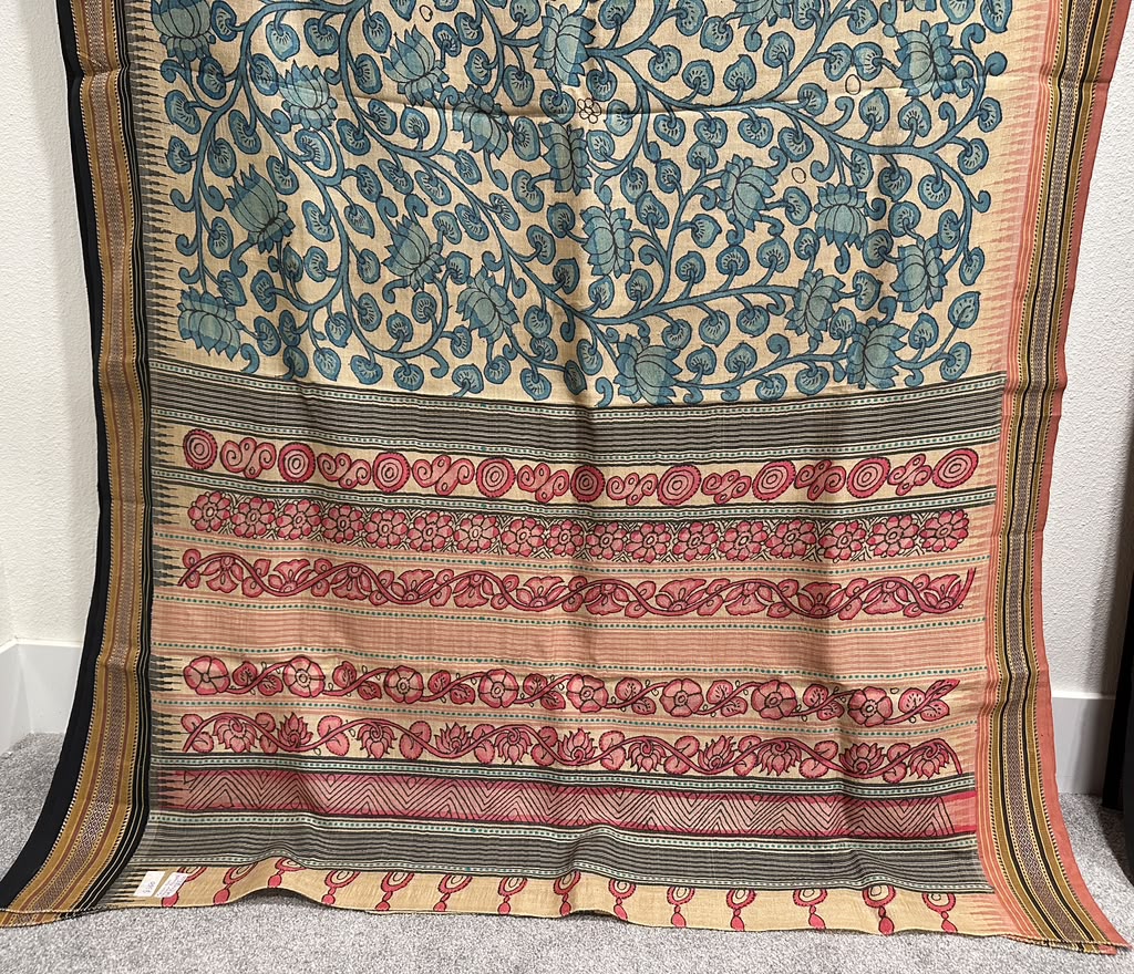 Kalamkari on Vidharbha Tussar with Ganga Jamuna Border - Florals Only