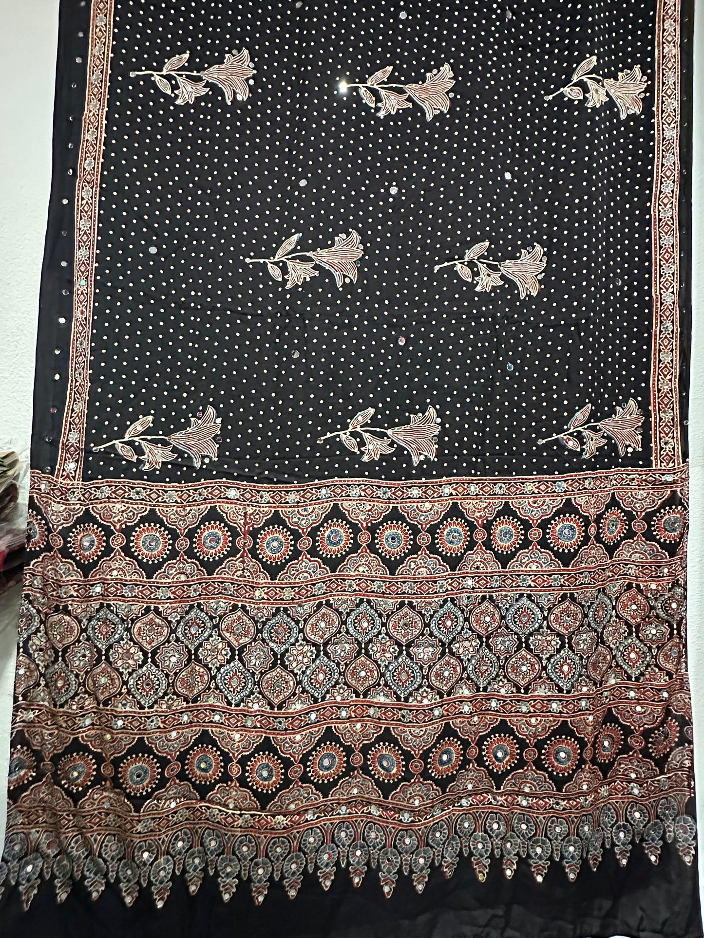Modal Silk With Ajrak print and Real Mirror - Black with Roses