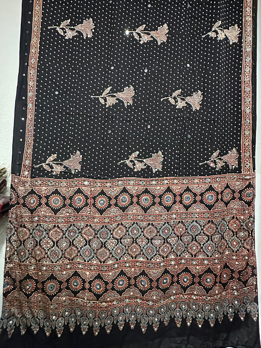 Modal Silk With Ajrak print and Real Mirror - Black with Roses