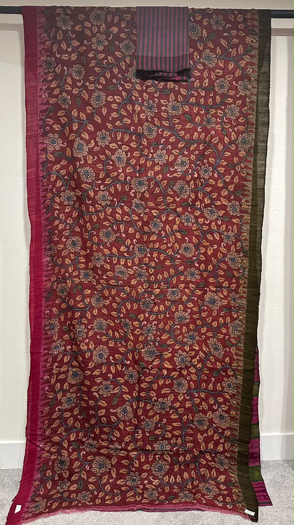 Kalamkari on Gopalpur Tussar with Ganga Jamuna Border - Florals Only