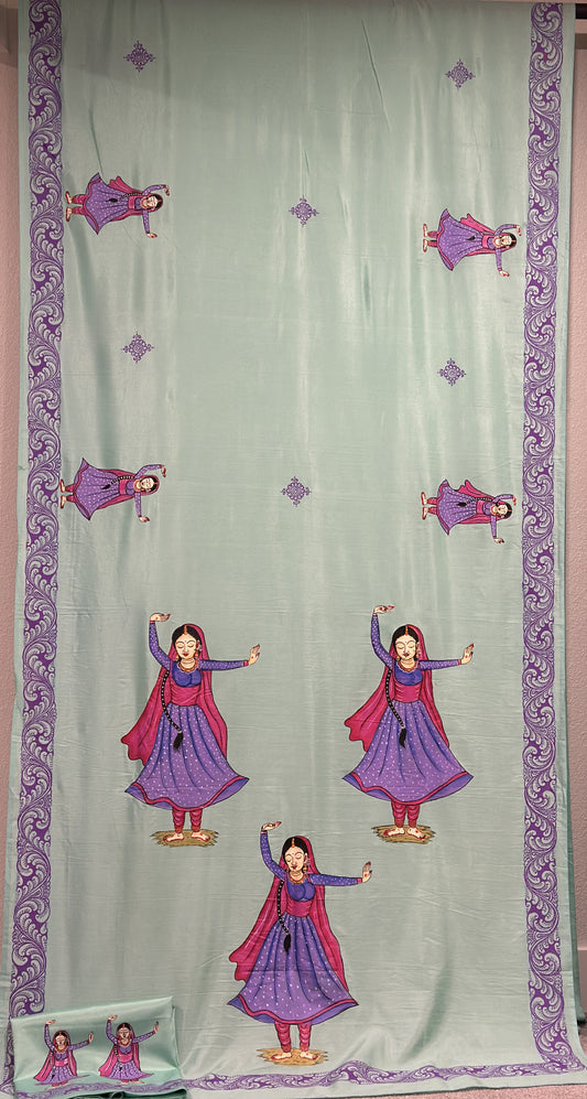 Pattachitra sarees - Kathak Dancers On Sea Green Khadi Silk