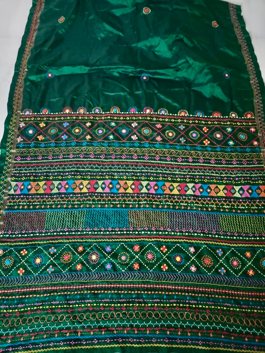 Lambani on Pure Silk in Bottle Green colour