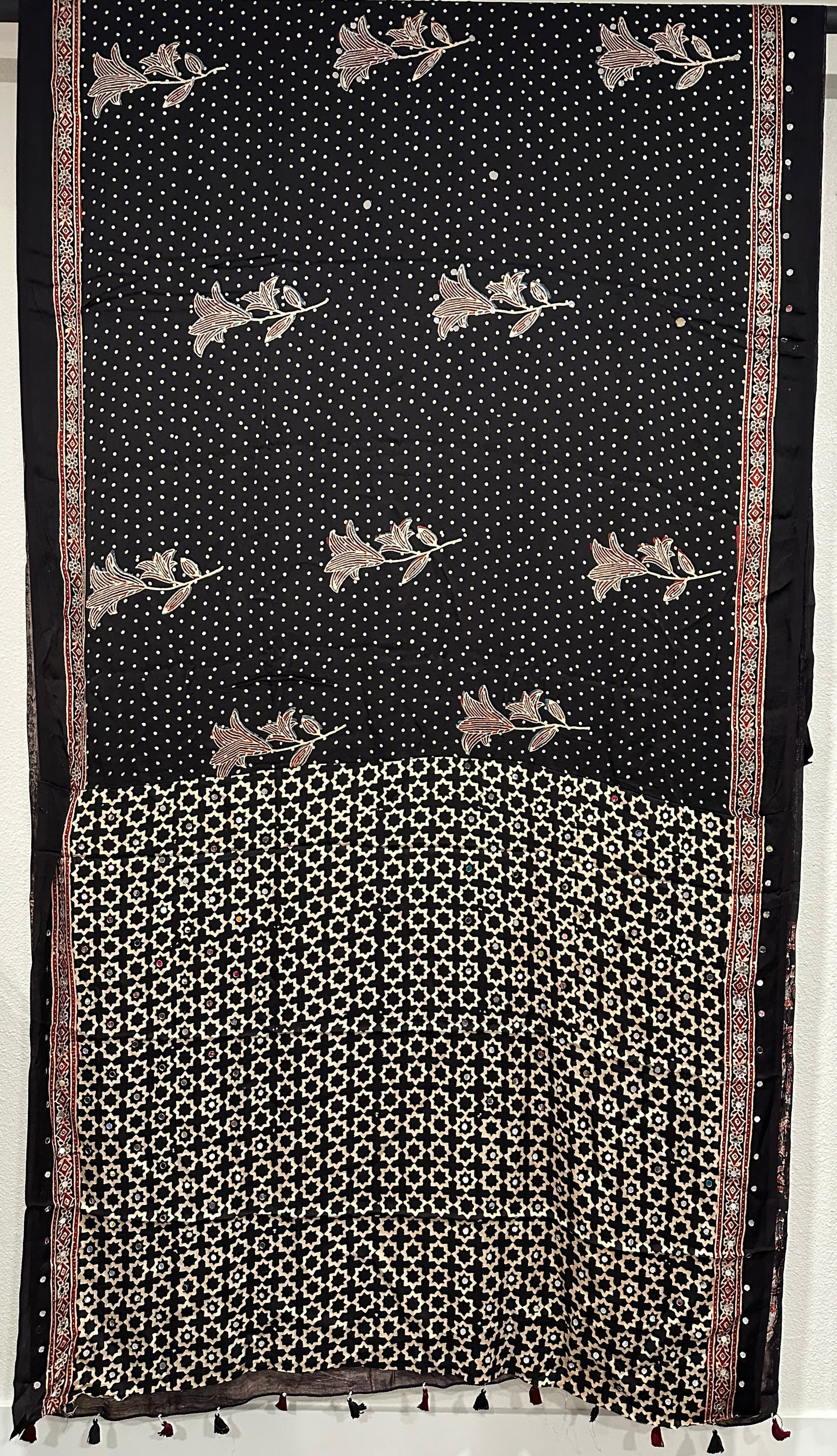 Modal Silk With Ajrak print and Real Mirror - Black with Roses