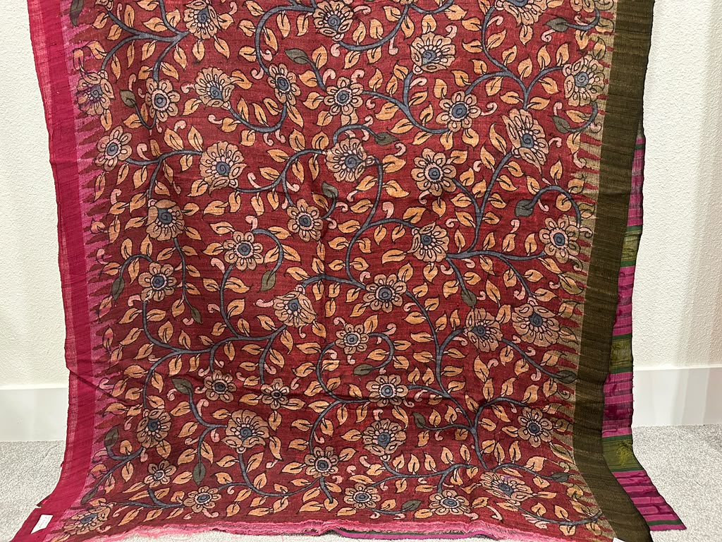 Kalamkari on Gopalpur Tussar with Ganga Jamuna Border - Florals Only