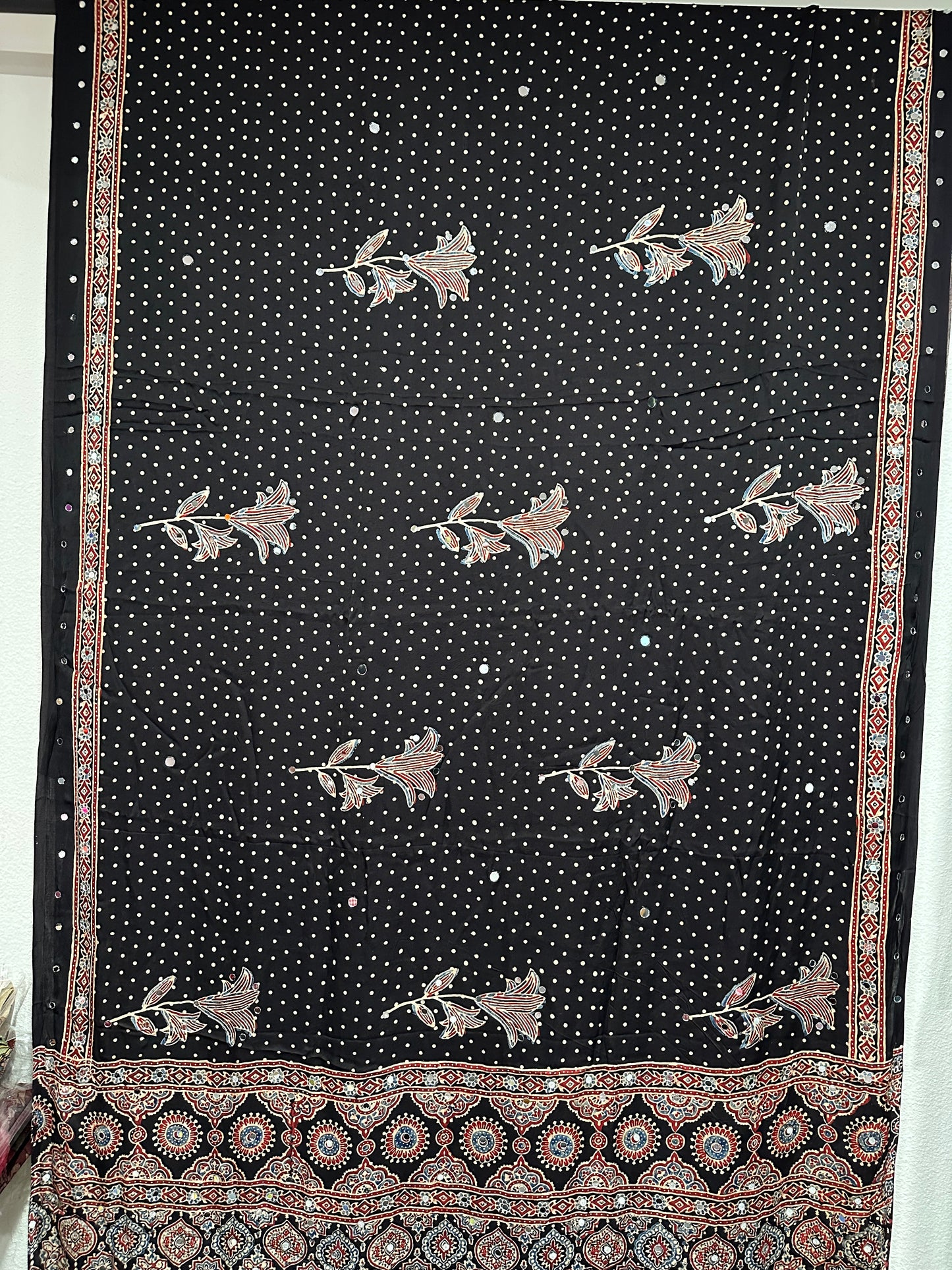 Modal Silk With Ajrak print and Real Mirror - Black with Roses