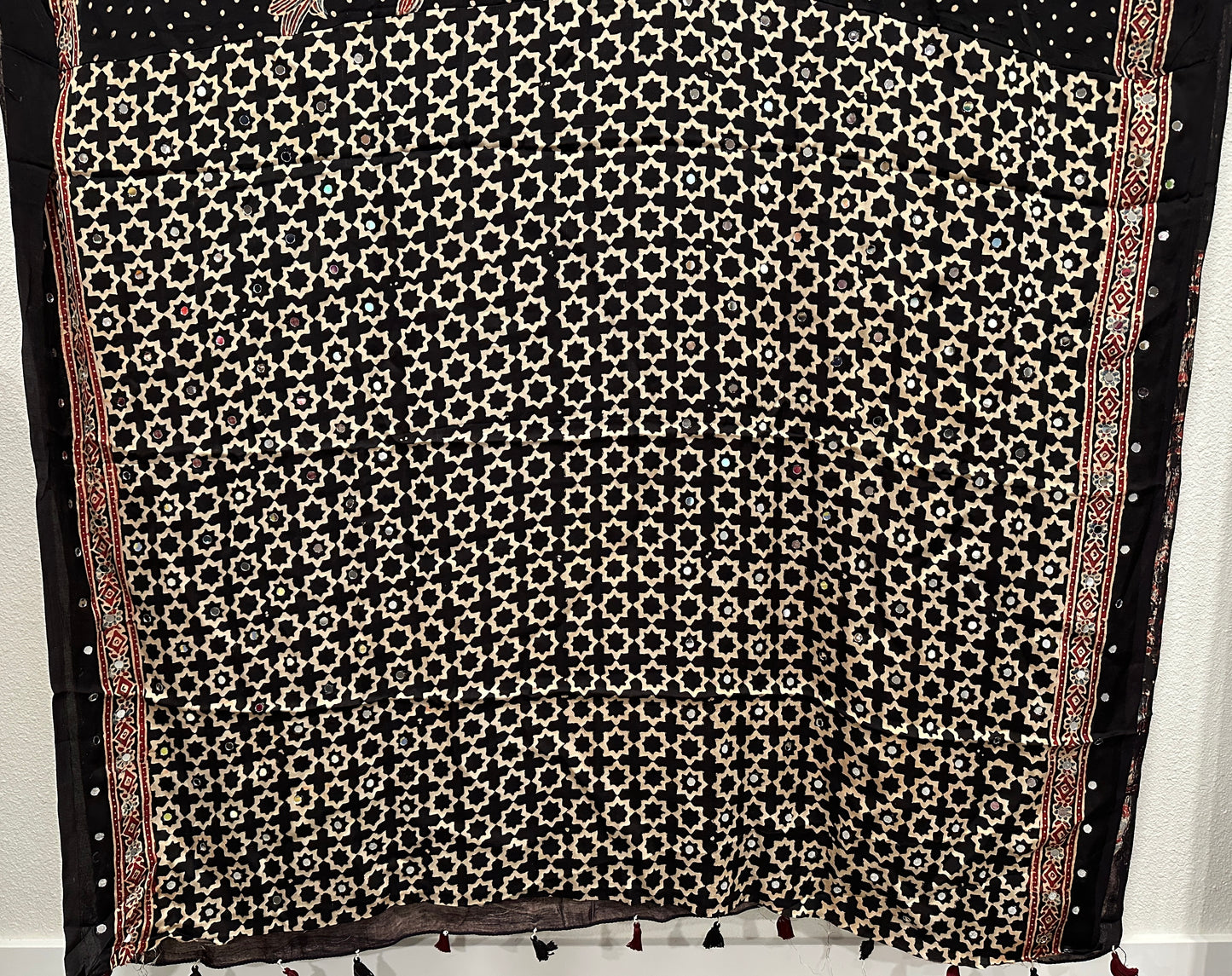 Modal Silk With Ajrak print and Real Mirror - Black with Roses