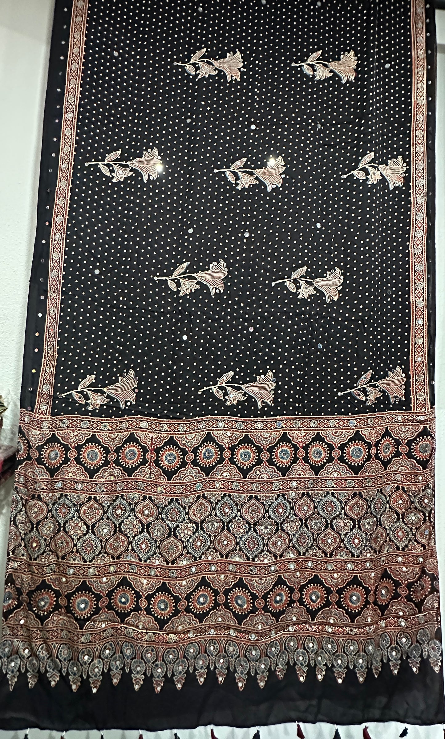 Modal Silk With Ajrak print and Real Mirror - Black with Roses