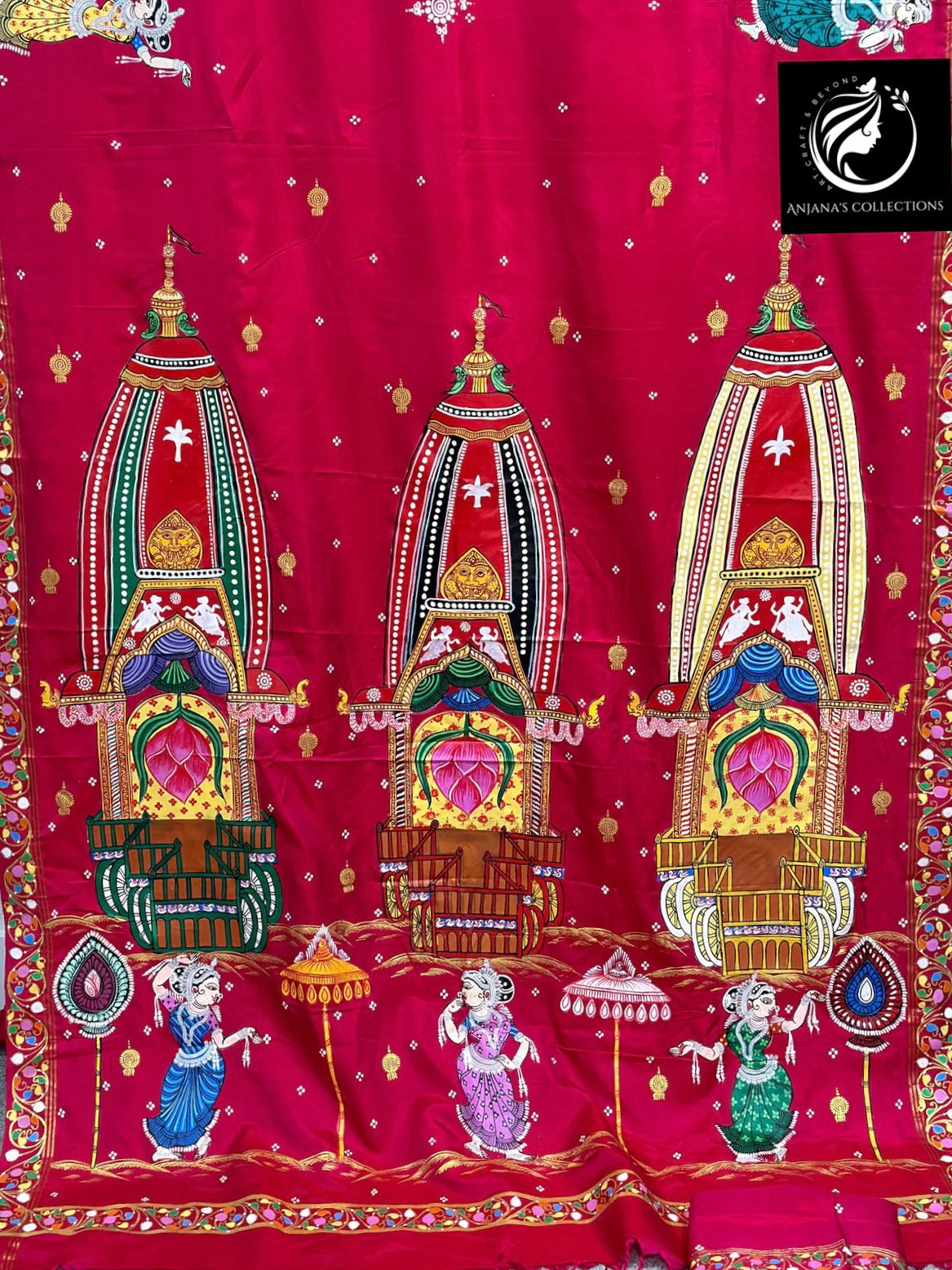 Red Pure Silk Pattachitra Saree with Jagannath Rath Yatra