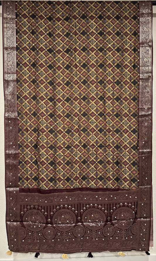 Dola Silk With Ajrak print and Real Mirror - Violet