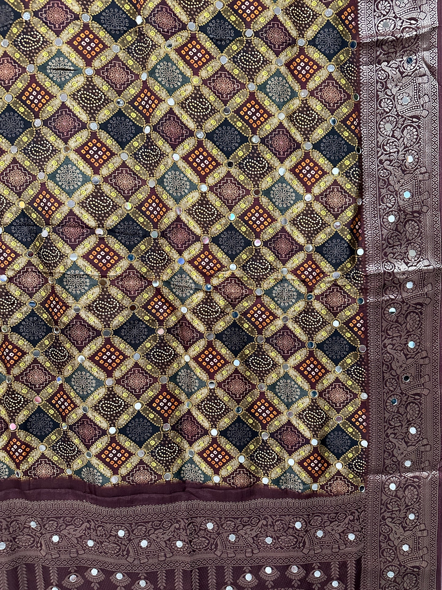 Dola Silk With Ajrak print and Real Mirror - Violet
