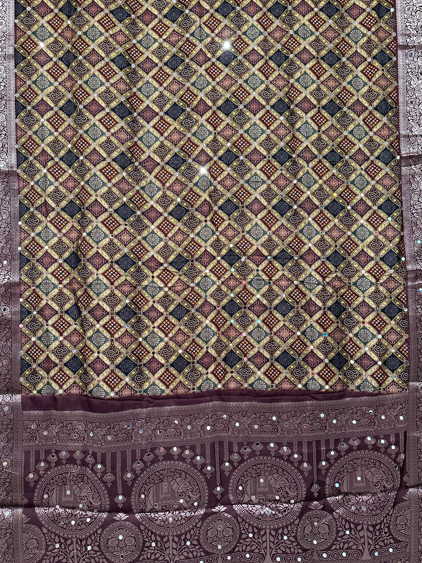 Dola Silk With Ajrak print and Real Mirror - Violet