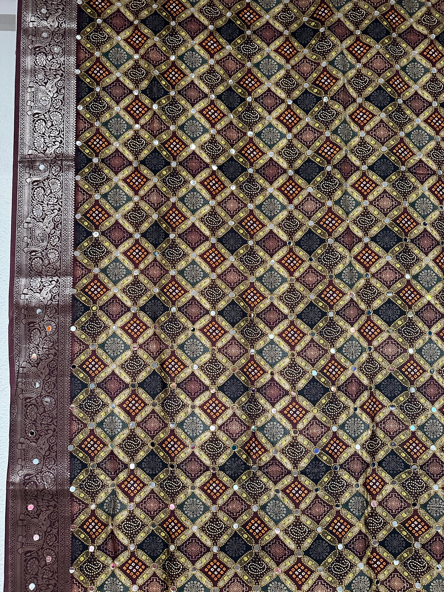 Dola Silk With Ajrak print and Real Mirror - Violet