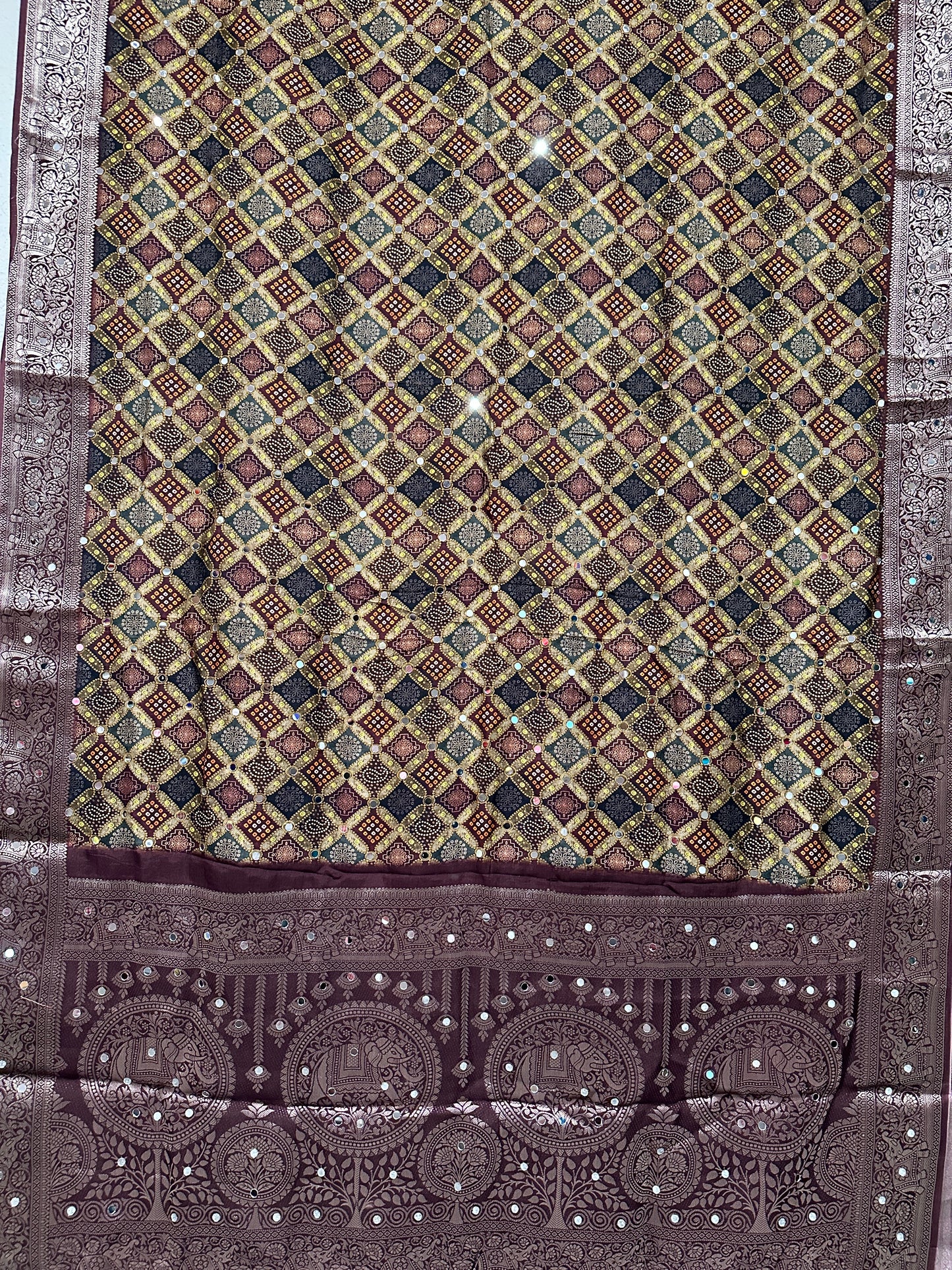 Dola Silk With Ajrak print and Real Mirror - Violet
