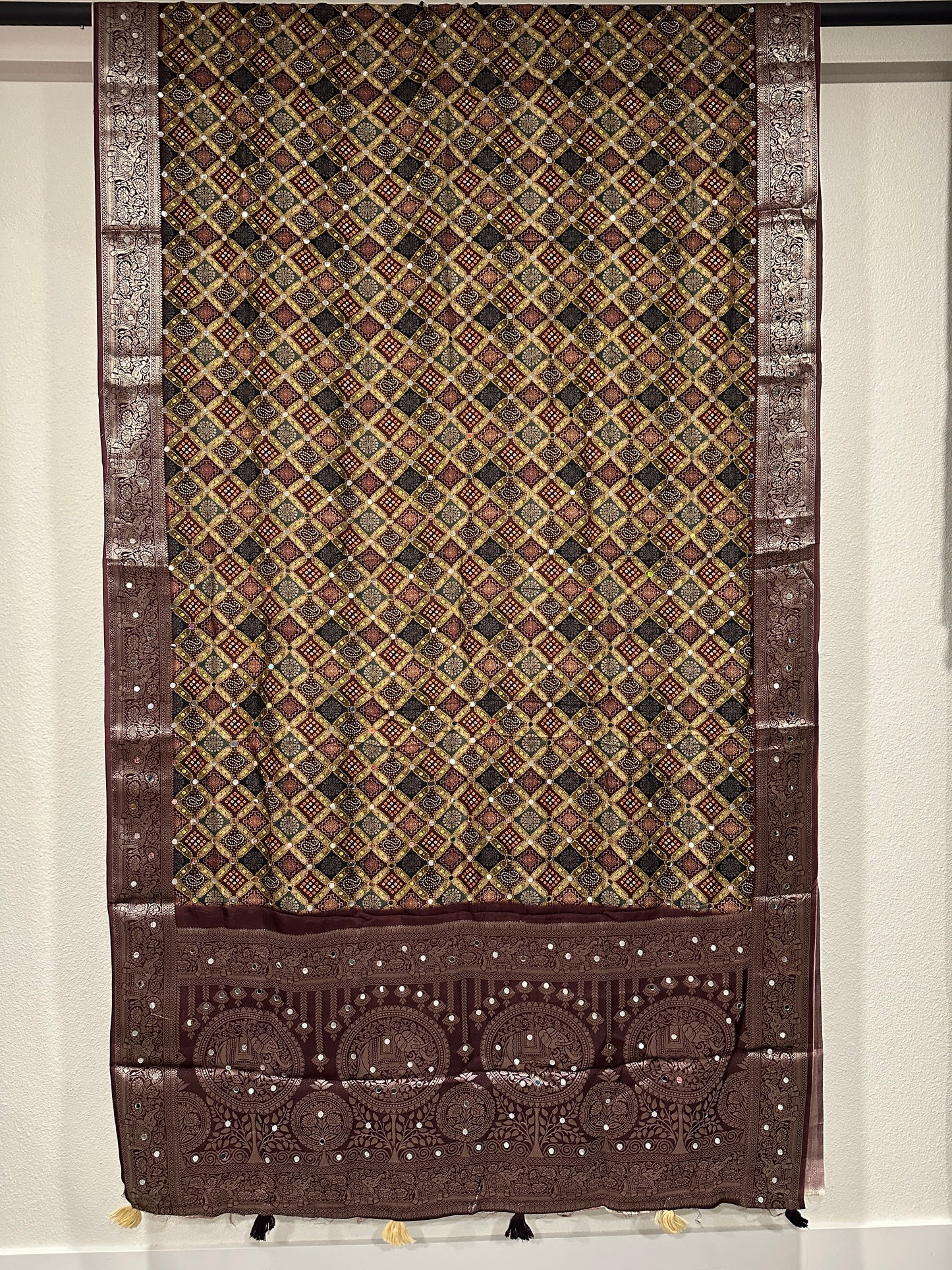 Dola Silk With Ajrak print and Real Mirror - Violet