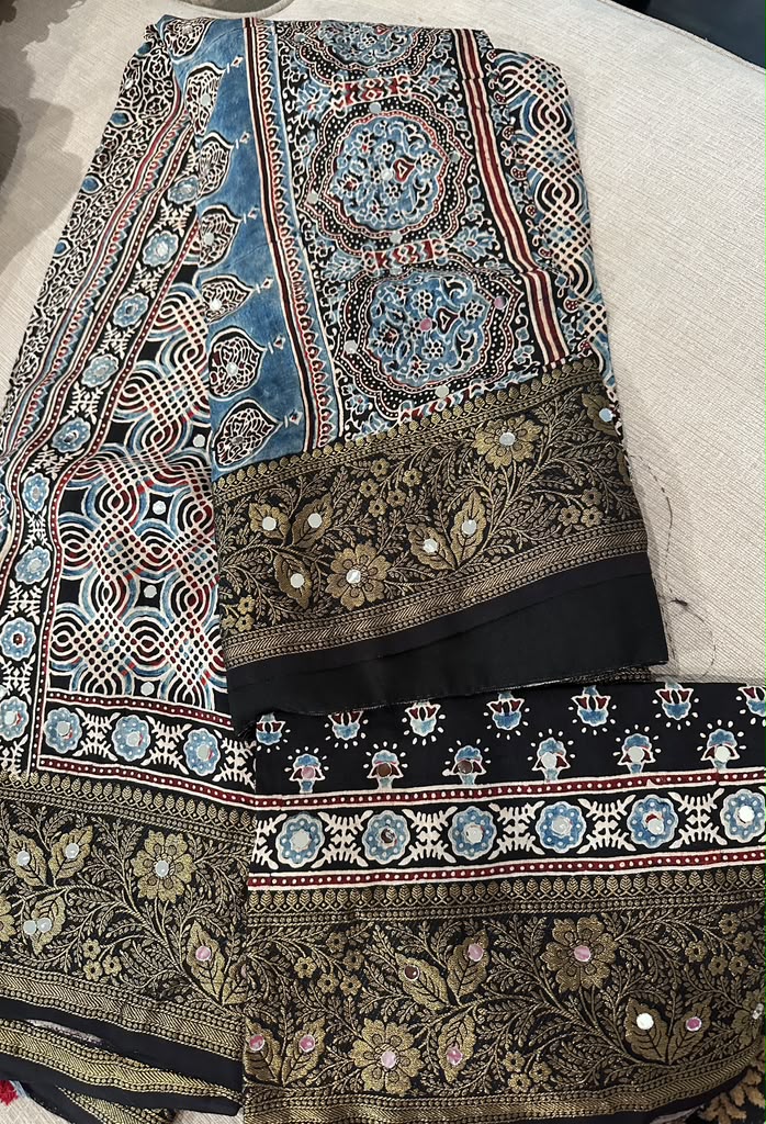 Modal Silk With Ajrak Print and Real Mirror and Woven border