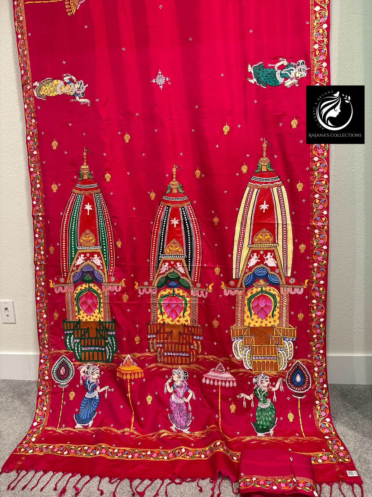 Red Pure Silk Pattachitra Saree with Jagannath Rath Yatra