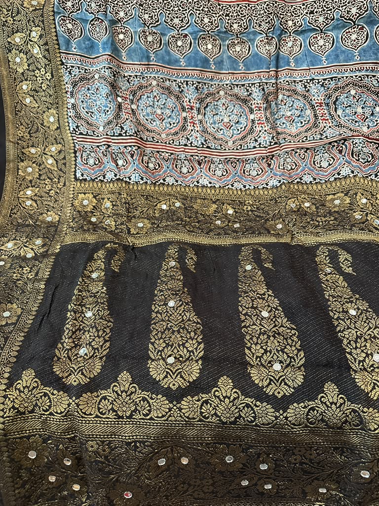 Modal Silk With Ajrak Print and Real Mirror and Woven border