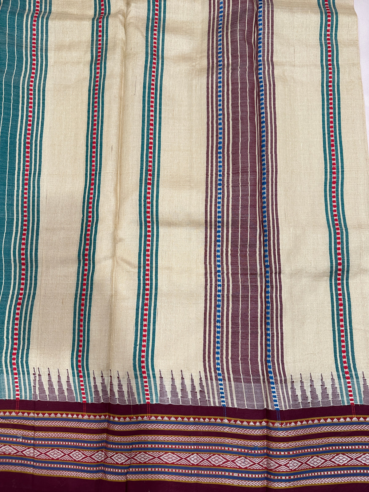 Vidharbha Tussar - Chocolate Brown and Green Ganga Jamuna Border
