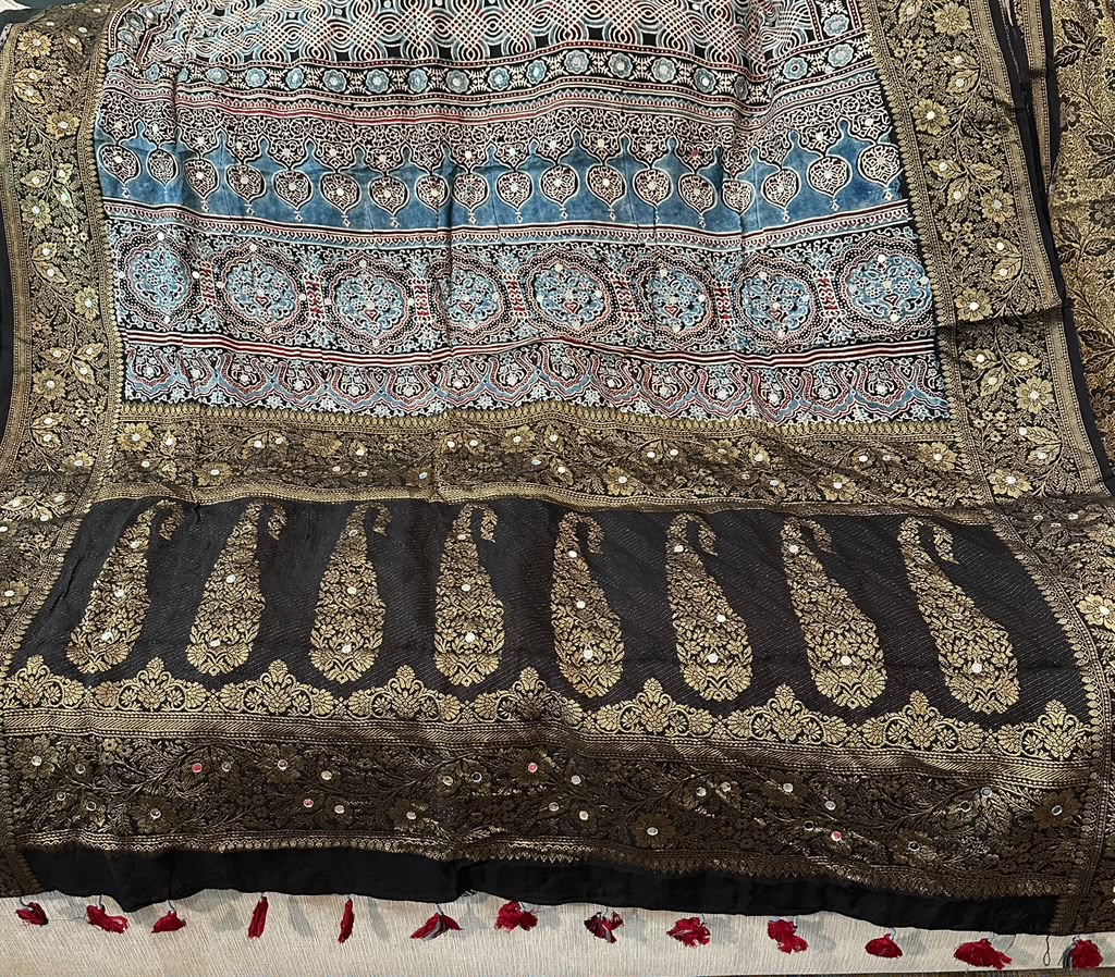 Modal Silk With Ajrak Print and Real Mirror and Woven border