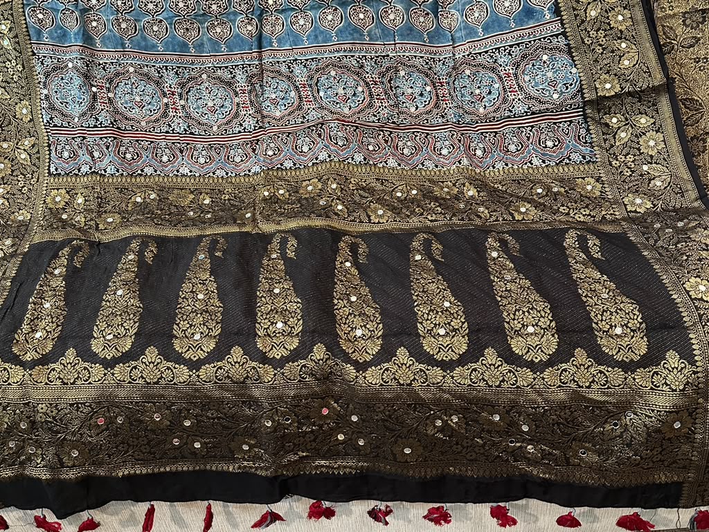 Modal Silk With Ajrak Print and Real Mirror and Woven border