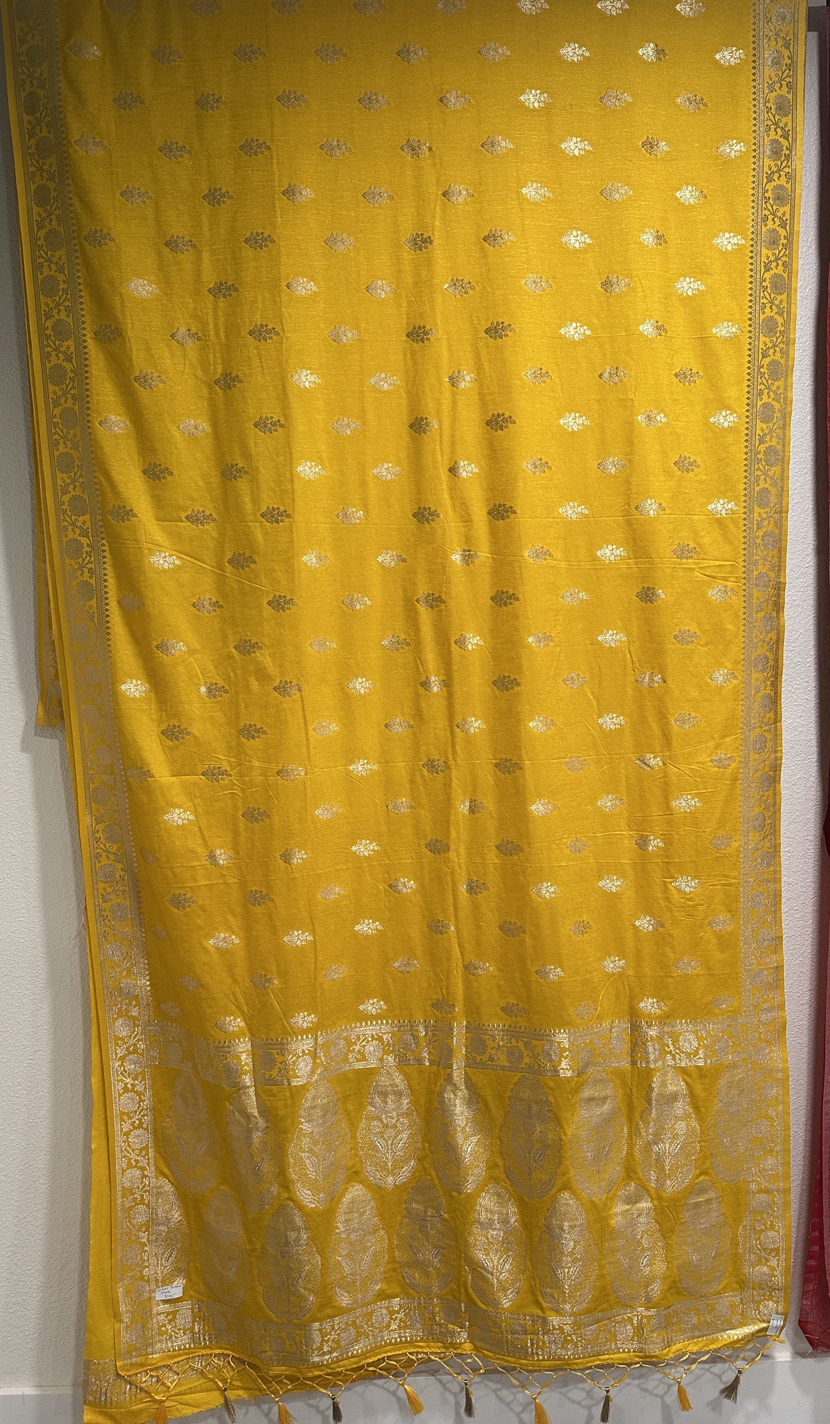Pure Silk Sarees  - Yellow with Zari Booties