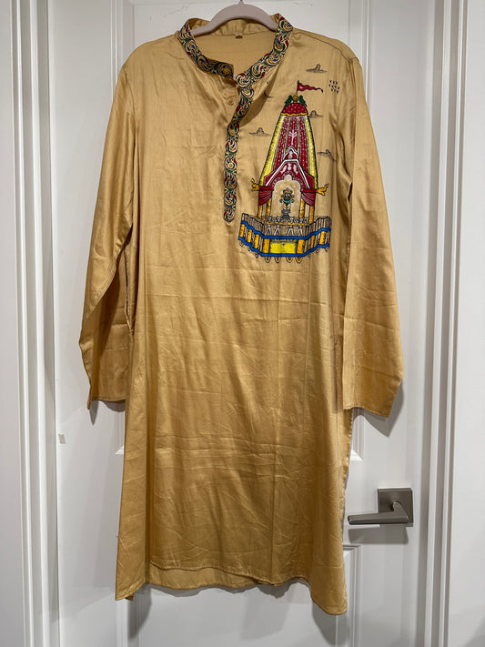 Men's Kurta - Pattachitra - Beige with  Multi-coloured Puri Jagannath Mandir