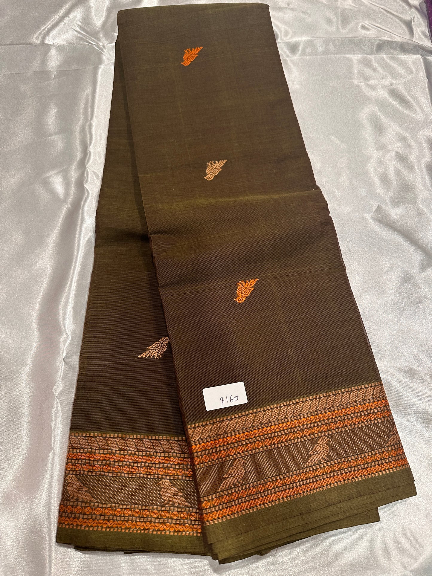 Chettinad Cotton Olive Green w/ Bird Motifs on the Body and Border