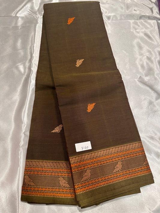 Chettinad Cotton Olive Green w/ Bird Motifs on the Body and Border