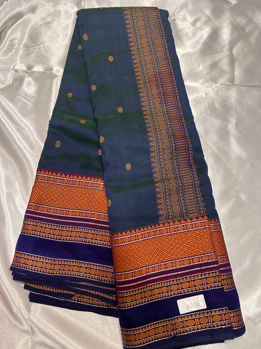 Chettinad Cotton Silk Peacock Blue Green Dual Tone Shade