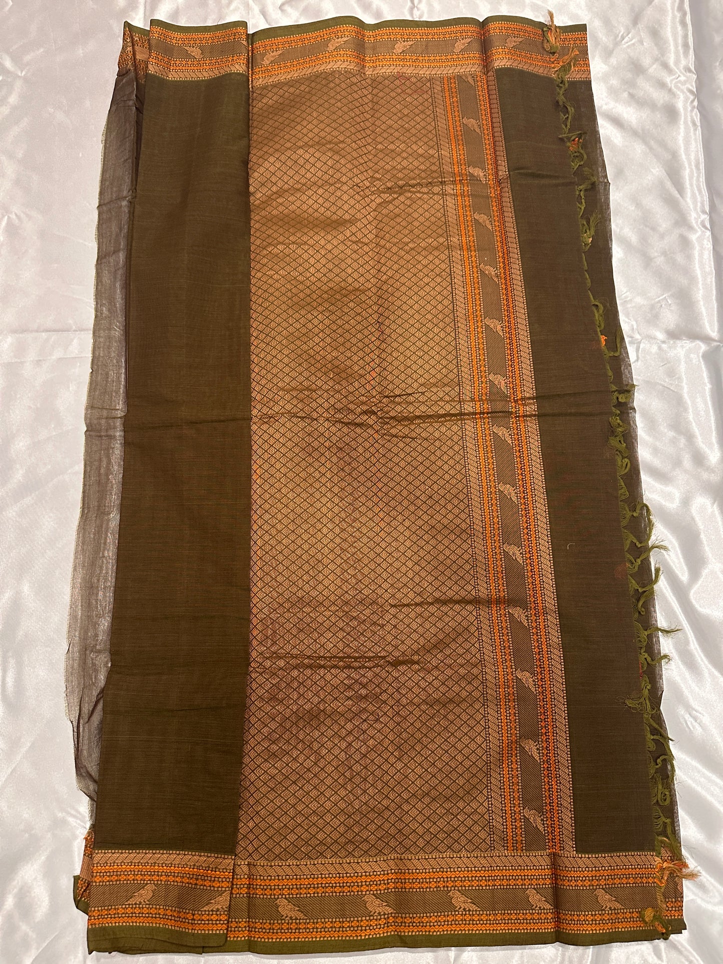 Chettinad Cotton Olive Green w/ Bird Motifs on the Body and Border