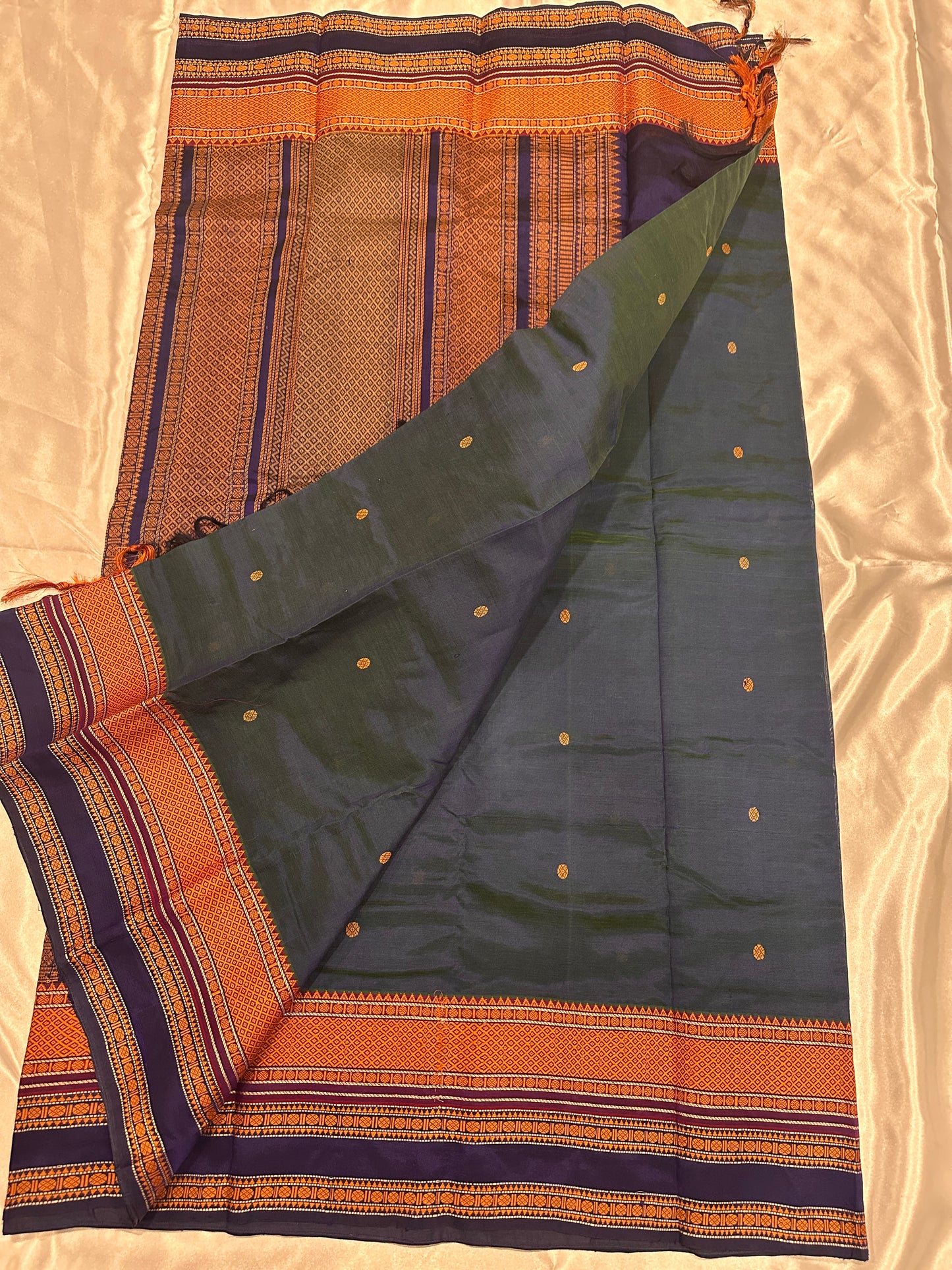 Chettinad Cotton Silk Peacock Blue Green Dual Tone Shade