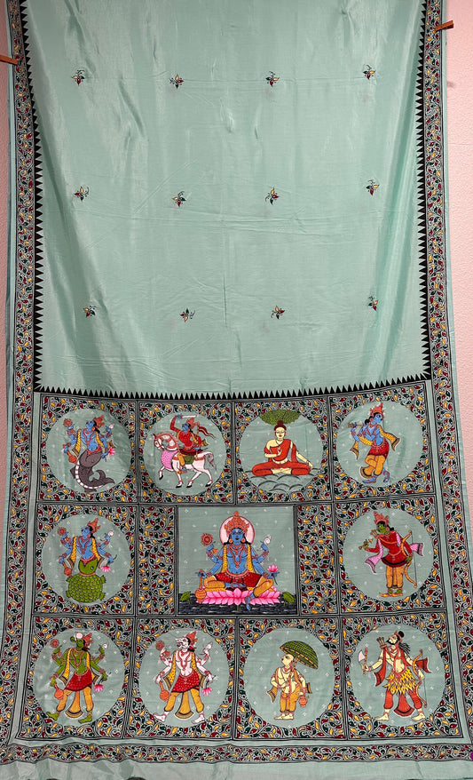 SeaGreen Soft Silk pattachitra Saree with Dasavataar