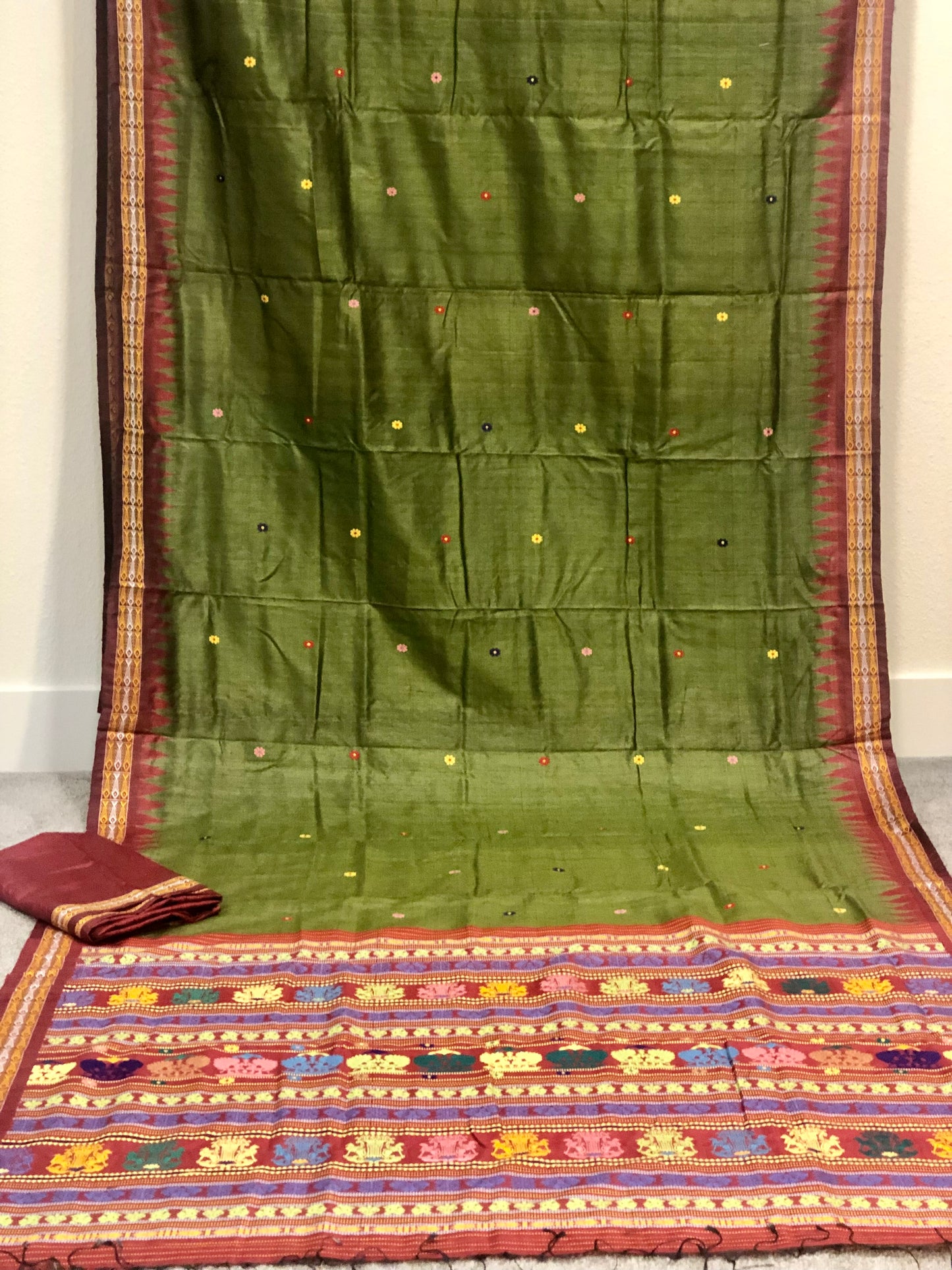 Ganjam Bomkai on Olive Green Tussar with brick red aanchal