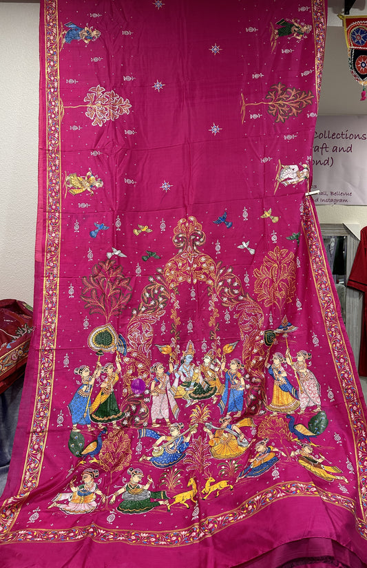 Rani Pink  Pure Silk Pattachitra Saree with Rojjo Theme