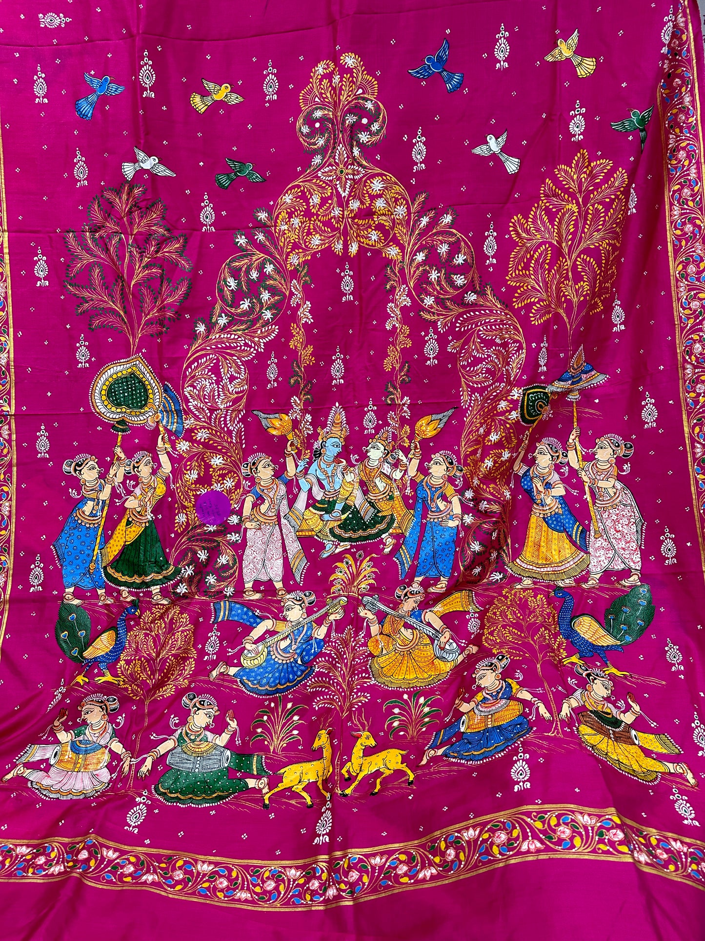 Rani Pink  Pure Silk Pattachitra Saree with Rojjo Theme