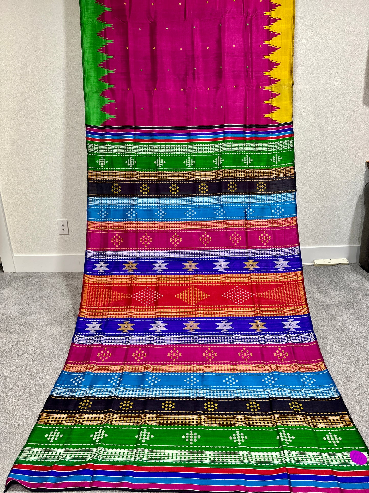 Berhampuri DoublePalla in Magenta green  and yellow temple border with multicoloured aanchal