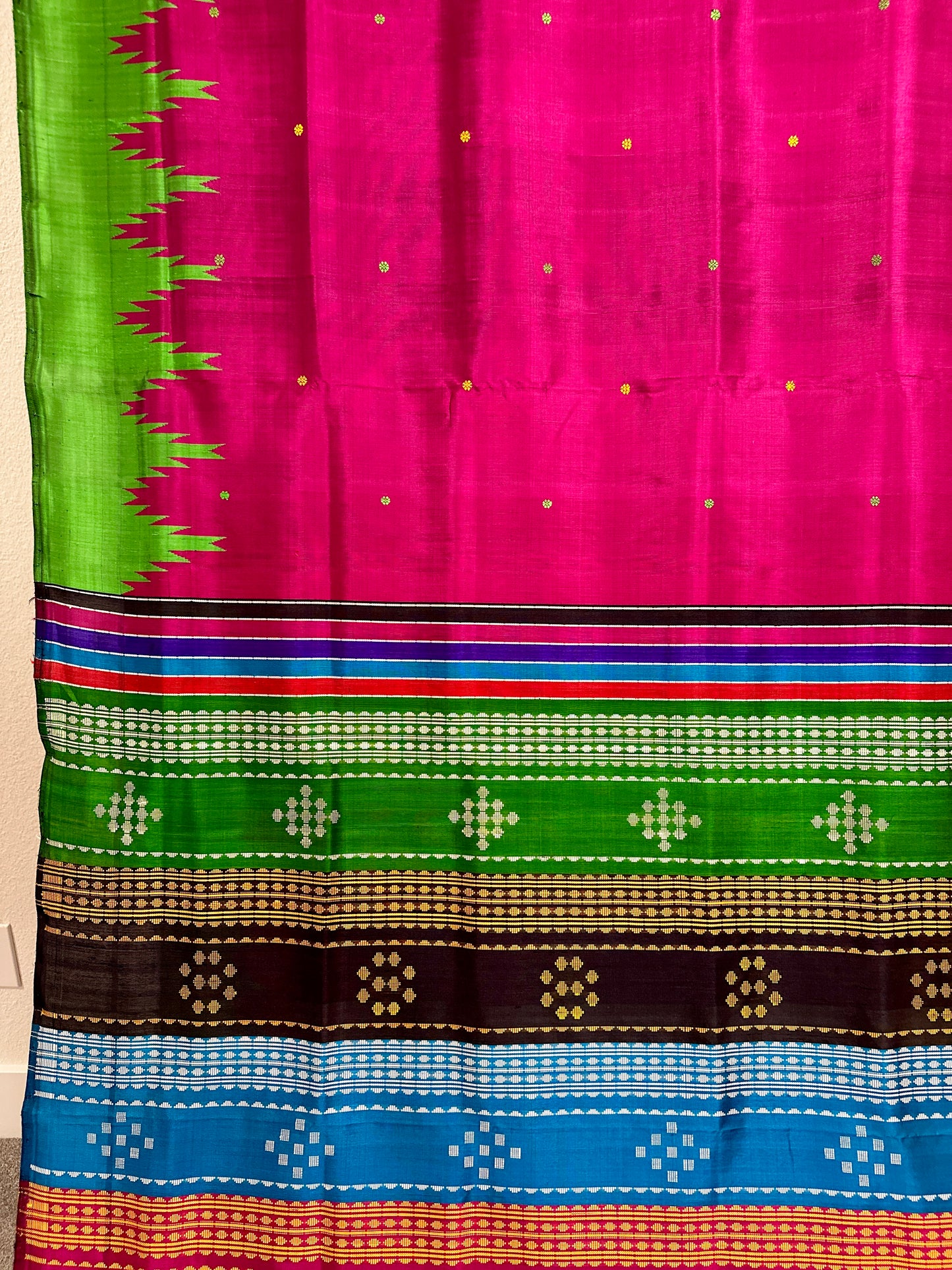 Berhampuri DoublePalla in Magenta green  and yellow temple border with multicoloured aanchal