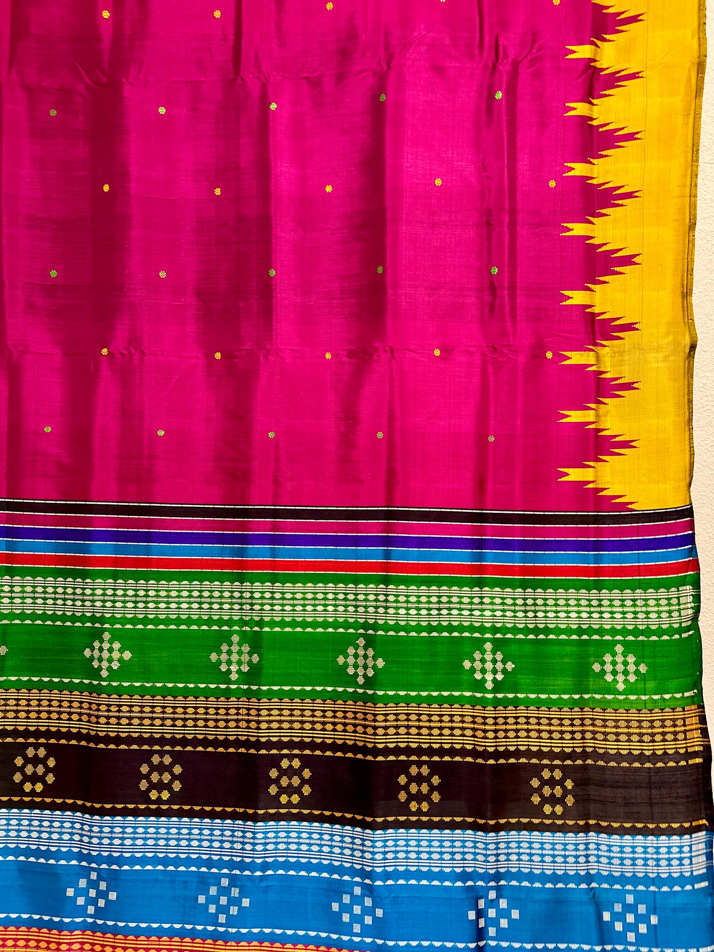 Berhampuri DoublePalla in Magenta green  and yellow temple border with multicoloured aanchal